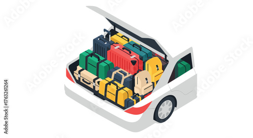 Isometric car trunk packed with colorful luggage for travel adventure