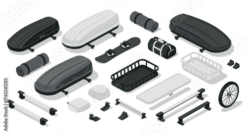 Isometric car roof racks and accessories set for outdoor adventure and travel