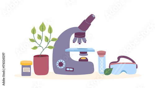 Flat vector illustration of genetic laboratory tools and supplies. Concept of genetic testing, biotechnology, DNA research. DNA objects.