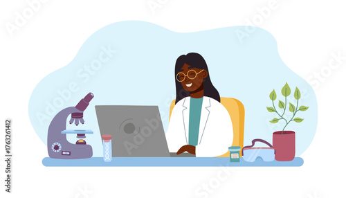 Flat vector illustration of a genetic female scientist working on a laptop in the laboratory. Concept of biotechnology, DNA research, medical testing and genetics. Vector banner.