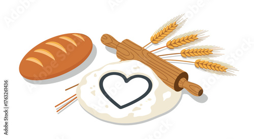 Fresh bread and baking elements with heart-shaped flour design