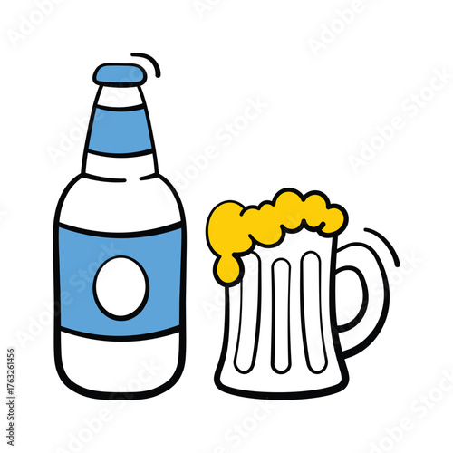 Festive wine bottle with glass for holiday toast, modern hand drawn icon