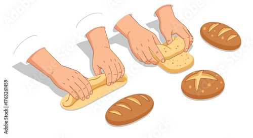 Hands kneading dough with various bread loaves in flat style