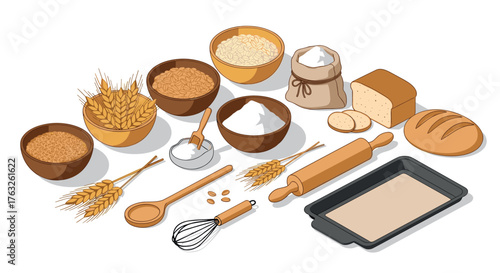 Bakery ingredients and tools in isometric style for bread and pastry creation
