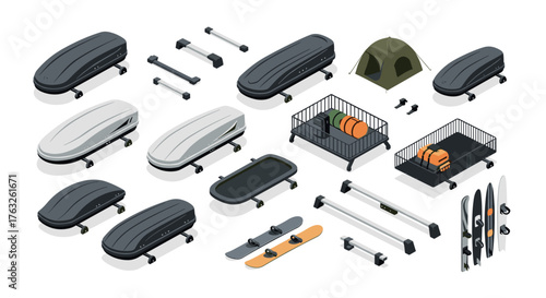 Isometric car roof cargo boxes and camping equipment set for outdoor adventures