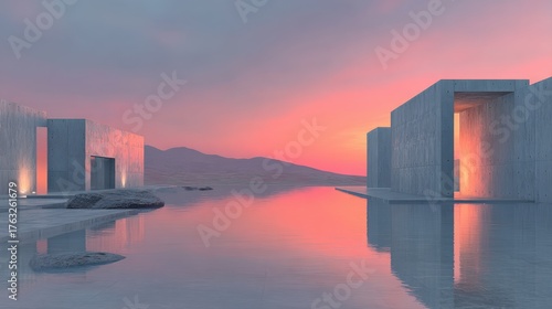 Modern Concrete Buildings Reflected In Calm Water During Vibrant Pink Sunset architecture structure