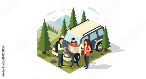 Isometric adventure: group hiking and exploring nature with map and jeep
