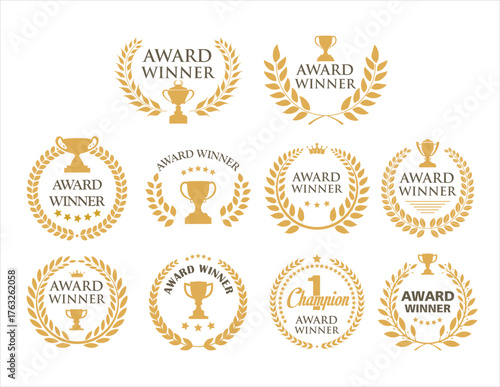 Gold award badges with laurel wreaths, five stars, crowns and trophies symbols. Golden award winner emblems 
