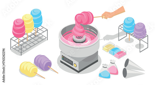 Isometric candy floss machine with colorful cotton candy cones and ingredients