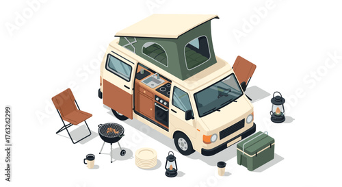 Isometric camping van with open roof and gear for outdoors adventure