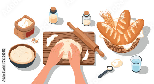 Baking bread process: hands kneading dough with ingredients in kitchen setting