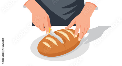 Person slicing freshly baked bread with knife in minimalist style on white background