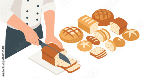 Baker slicing bread with various artisan loaves on display