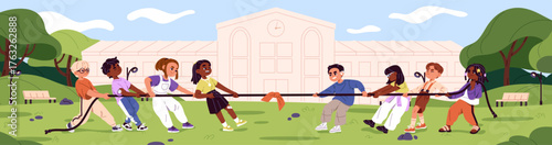 Rival child groups play tug of war. Teams of kids pull rope in sports contest. Diverse girls and boys have fun, compete against each other. Teamwork competition for children. Flat vector illustration