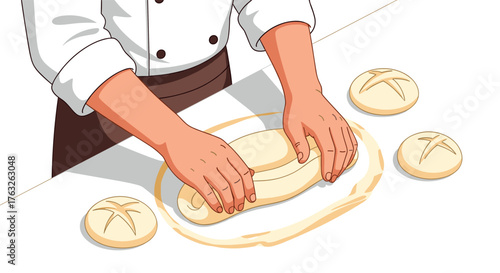 Baker kneading dough in bakery kitchen with freshly scored loaves nearby