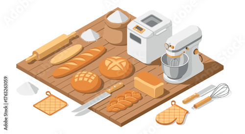 Isometric baking essentials: bread, mixer, flour, rolling pin on wooden surface