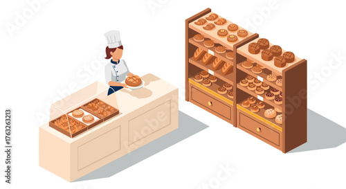 Isometric bakery shop with chef and bread display shelves
