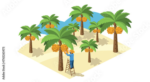 Isometric tropical garden with dates: farmer harvesting on palm trees
