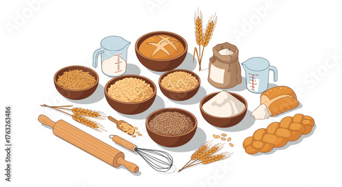 Hand-drawn baking ingredients with wheat, flour, and bread in rustic bowls and rolling pin