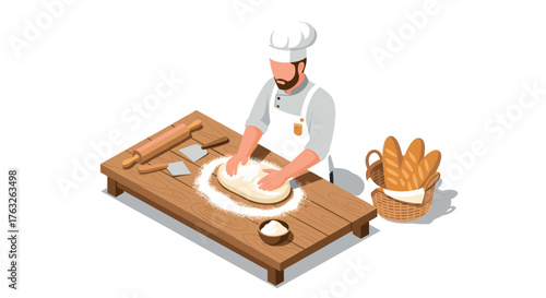 Isometric baker kneading dough on rustic wooden table with freshly baked bread