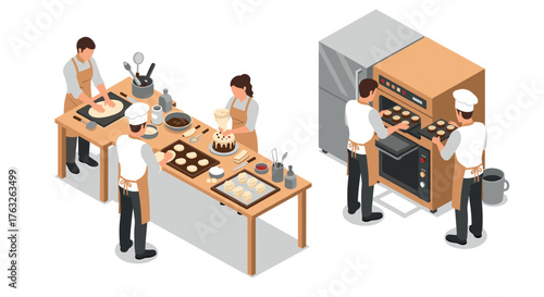 Isometric bakery scene with chefs preparing pastries and baking in kitchen