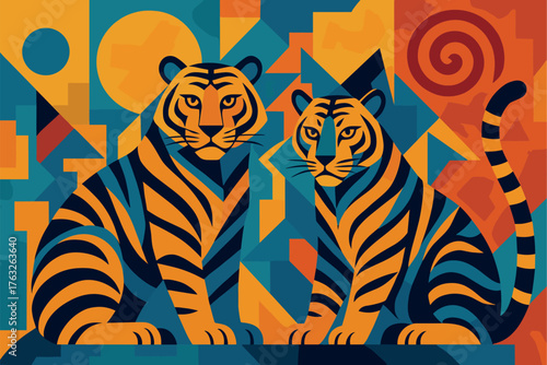 Two tigers sitting side by side in a modern abstract geometric jungle with strong color contrast