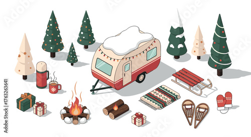 Cozy winter camping: snowy caravan with festive trees and warm campfire