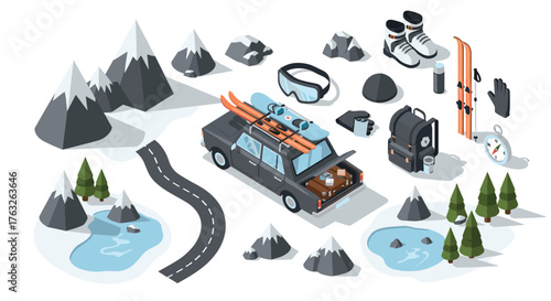 Isometric winter adventure gear and vehicle collection for ski enthusiasts