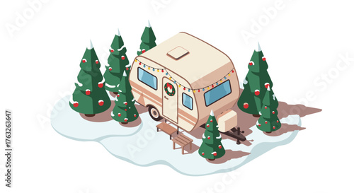 Winter holiday camper in snowy forest with festive decorations in isometric style