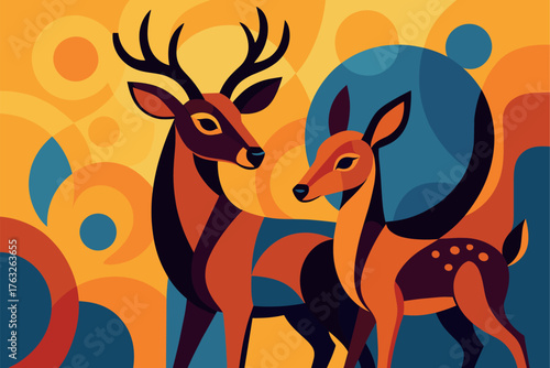 Pair of elegant deer standing together in an abstract geometric forest filled with warm orange tones