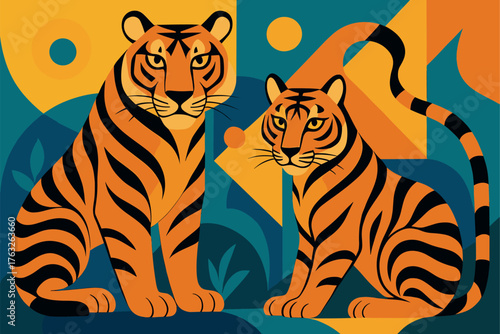 Two tigers sitting side by side in a modern abstract geometric jungle with strong color contrast