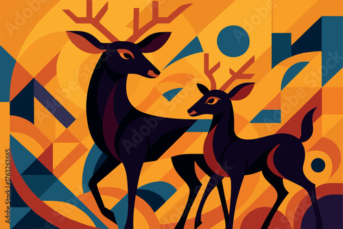 Pair of elegant deer standing together in an abstract geometric forest filled with warm orange tones