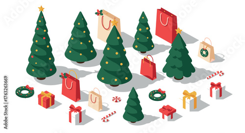 Isometric christmas scene with trees and gifts: festive holiday celebration