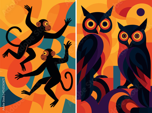 Playful monkeys jumping with energy and life in abstract geometric tropical design. Pair of owls sitting side by side in bold abstract geometric forest design