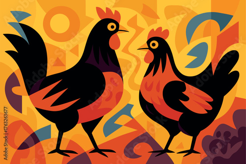Two roosters facing each other in decorative geometric abstract pattern with bright warm tones