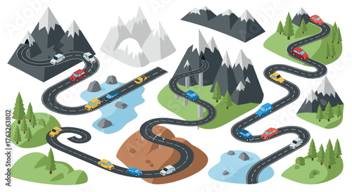 Scenic isometric mountain roads with cars and alpine landscapes