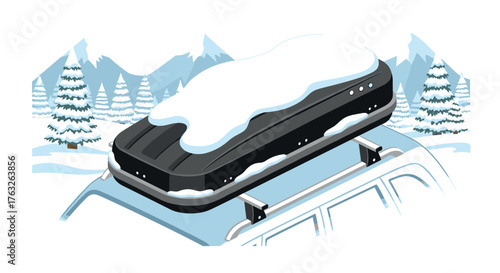Snow-covered roof box on car in winter mountain scene