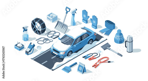 Winter car essentials isometric layout with snow gear and equipment