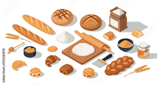 Delicious bakery elements in isometric style: baguette, croissant, bread, dough, rolling pin