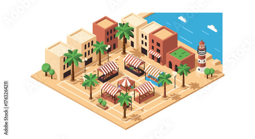 Coastal market scene with palm trees and lighthouse in isometric style