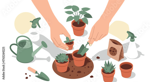 Hands-on gardening with potted plants and tools in a flat style