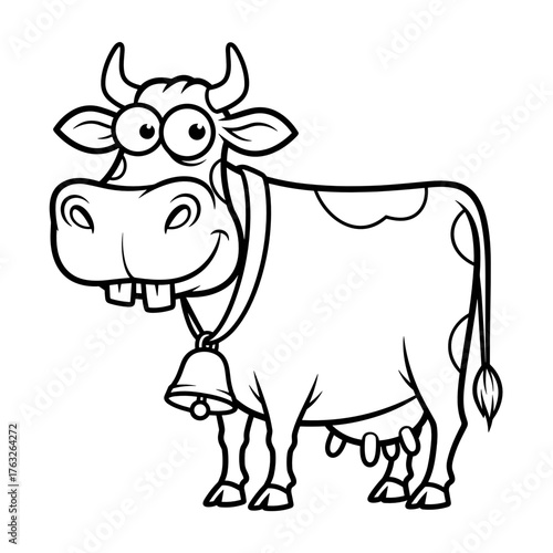 Cartoon cow with big eyes and bell standing on a white background  