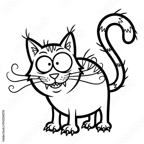 Cartoon cat with exaggerated features standing on white background  