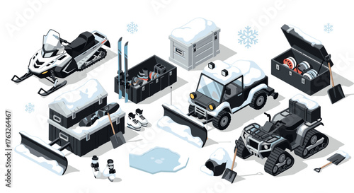 Winter equipment isometric collection with snowmobiles and snowplows