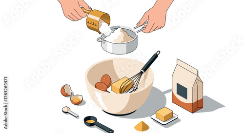 Baking essentials in isometric style with mixing bowl, ingredients, and measuring tools