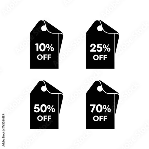 Black price tags showing percentage discounts for retail sales event, offering savings to customers in a modern, minimalist style.