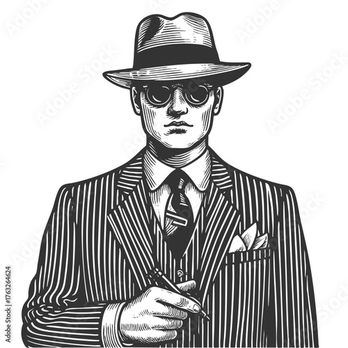 stern-looking man in a pinstripe suit, fedora, and sunglasses, confidently holding a pen sketch engraving generative ai fictional character vector illustration. Scratch board. Black and white image.