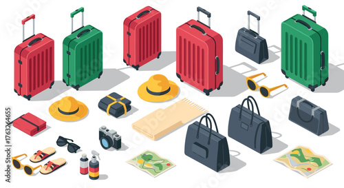 Isometric travel essentials: luggage, accessories, and maps for holiday adventures