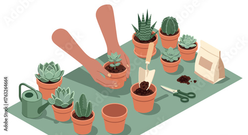 Isometric gardening: hands potting succulents and cacti in clay pots with tools