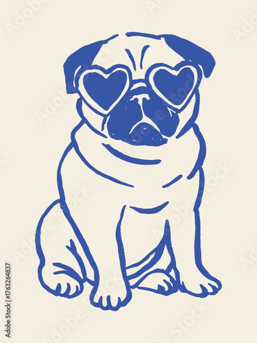 Pug dog in heart sunglasses minimalist sketch vector illustration